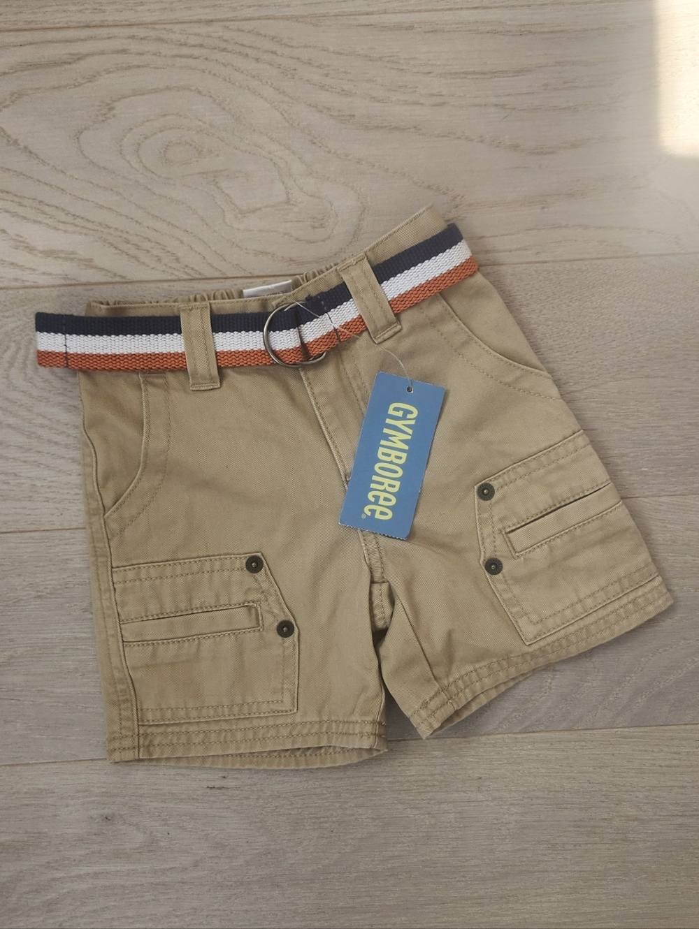 Gymboree Khaki Cargo Shorts with Navy White Orange Belt 3-6M